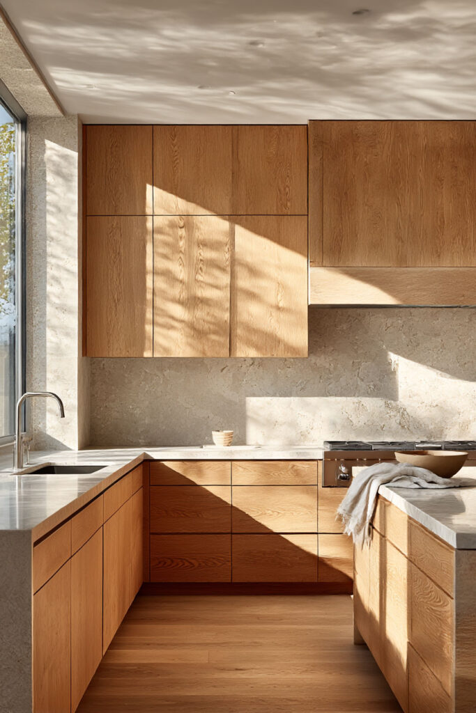 Modern kitchen with warm oak cabinets, stone backsplash, and natural sunlight creating a cozy, timeless look