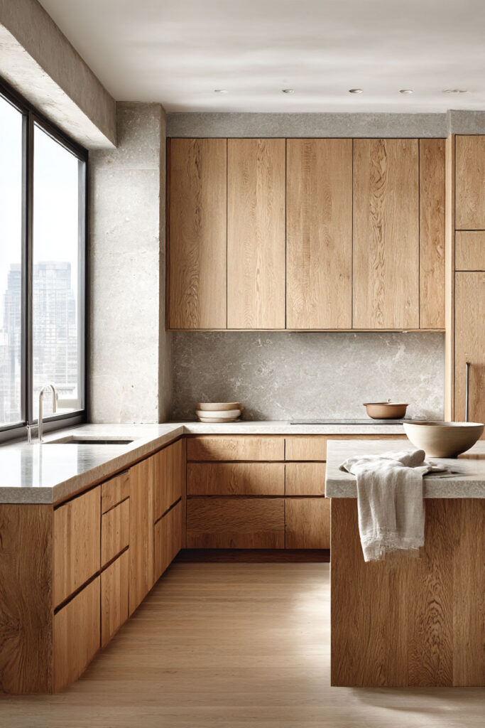 warm wood kitchen cabinets with natural stone countertops and neutral modern kitchen design with organic textures and soft natural light