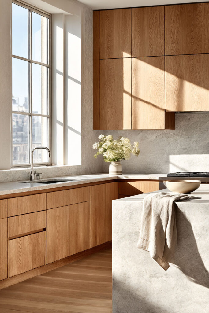 warm wood kitchen cabinets with natural stone countertop and backsplash, organic modern kitchen design with neutral tones and sunlight