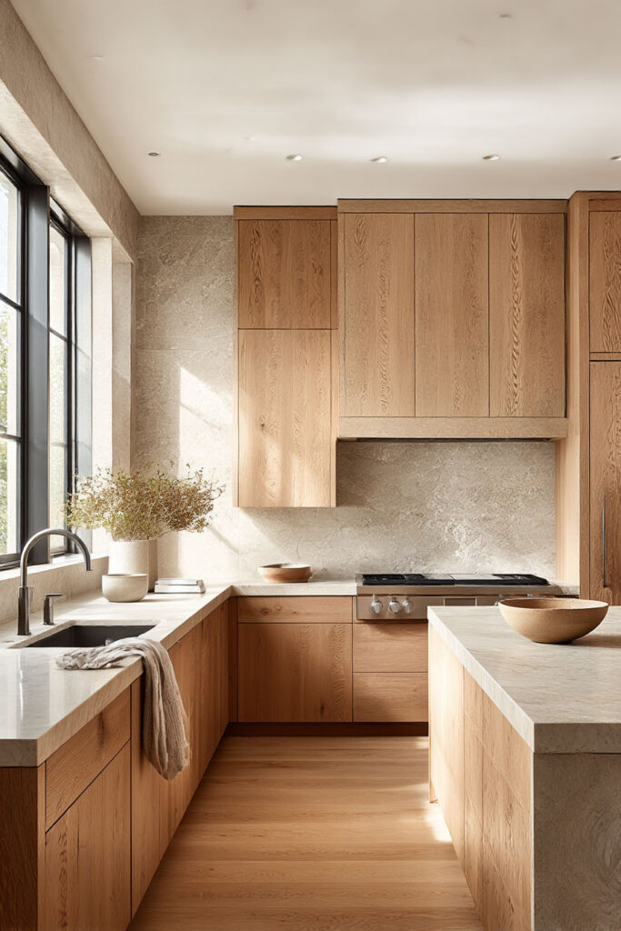 warm wood kitchen cabinets with natural stone countertops and textured plaster walls in organic modern kitchen design