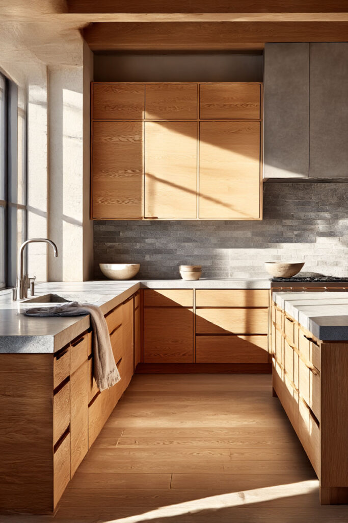 warm wood kitchen cabinets with natural oak finish, organic modern kitchen design, neutral kitchen with stone backsplash and sunlight