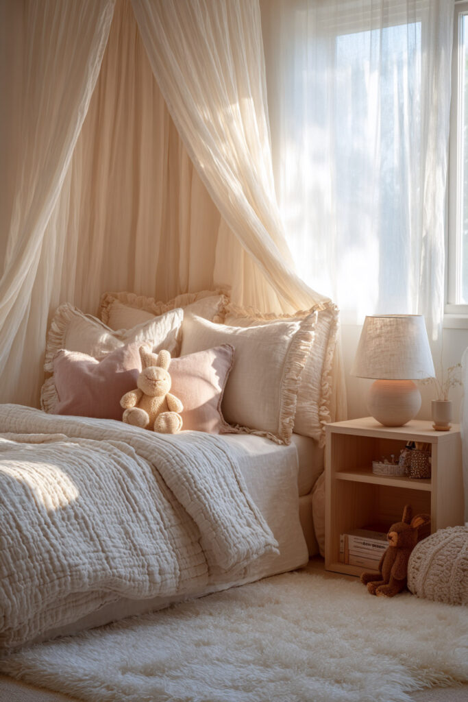Cozy blush and neutral little girls bedroom with canopy bed, ruffled pillows, plush bunny toy, and wooden nightstand with lamp.