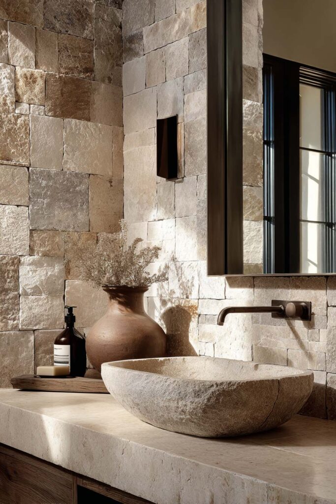 Earthy bathroom with natural stone vessel sink, stacked stone wall tile, and organic modern natural materials decor.