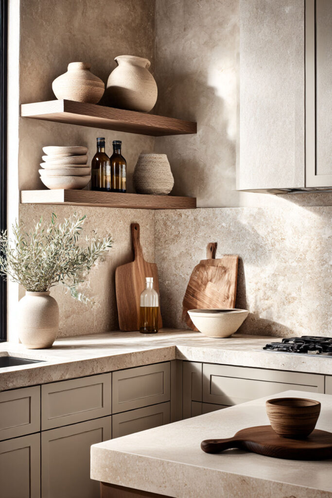 earthy neutral kitchen with beige cabinets, natural stone countertops and backsplash, warm wood accents and soft organic modern styling