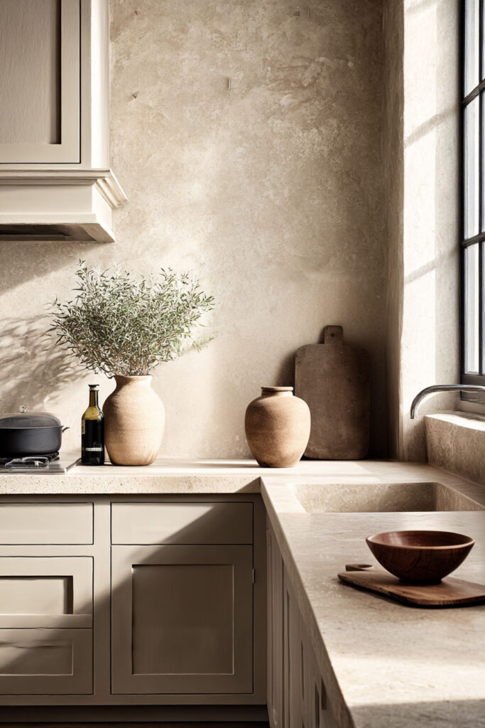 earthy neutral kitchen with beige cabinets, plaster walls, and stone countertops, organic modern kitchen design