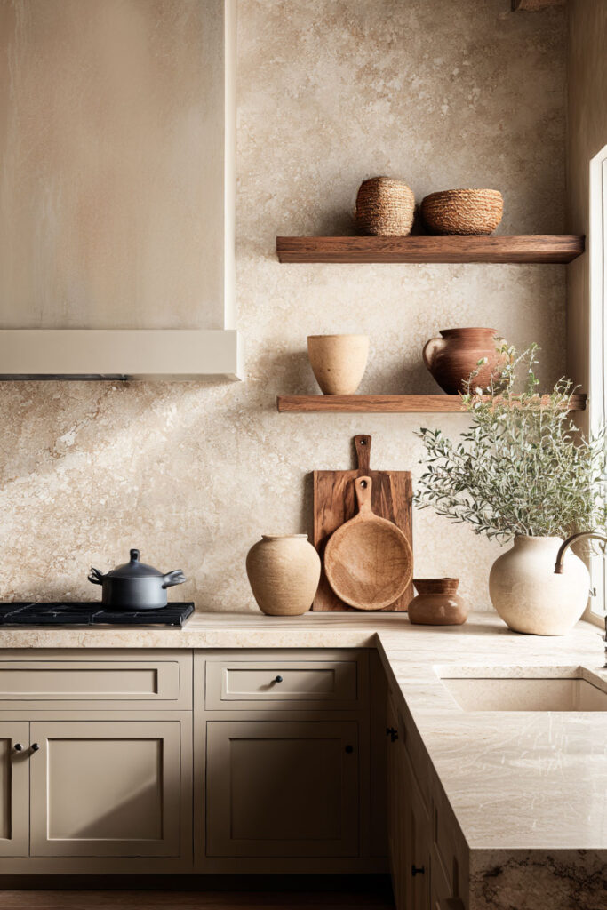 earthy neutral kitchen with beige cabinets natural stone countertops open shelving and warm wood accents modern organic kitchen design