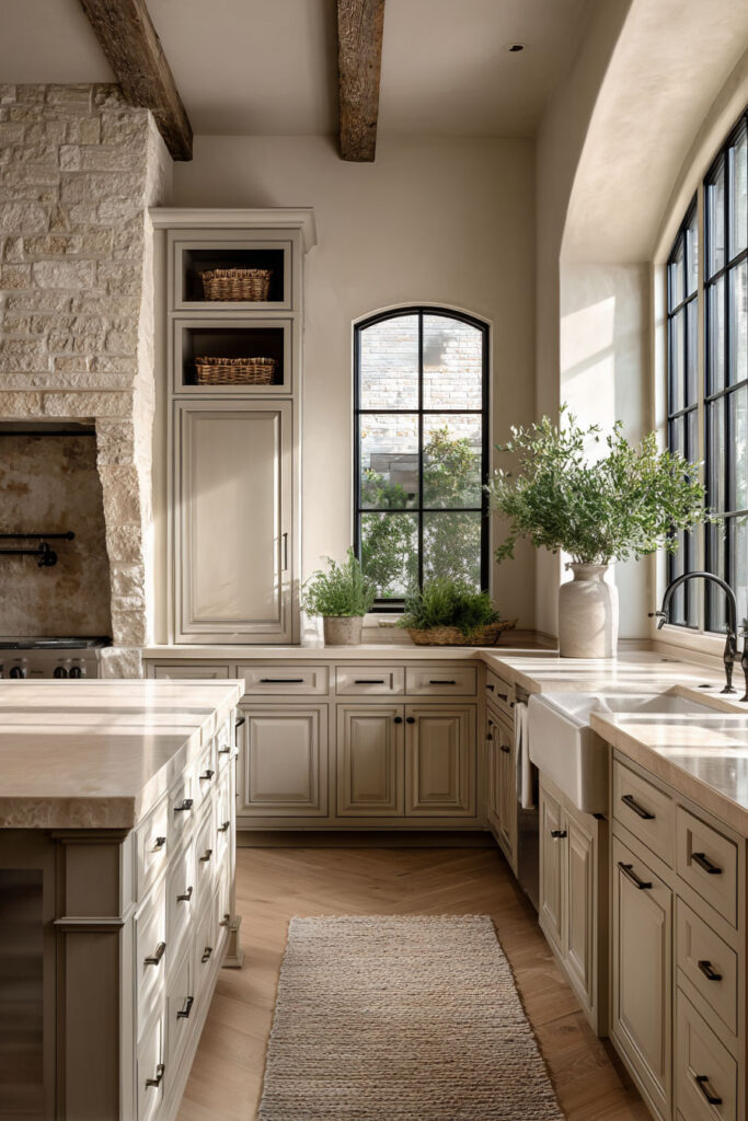 Bright kitchen with earthy neutral cabinetry, marble countertops, farmhouse sink, and a central island, styled with potted plants and natural decor