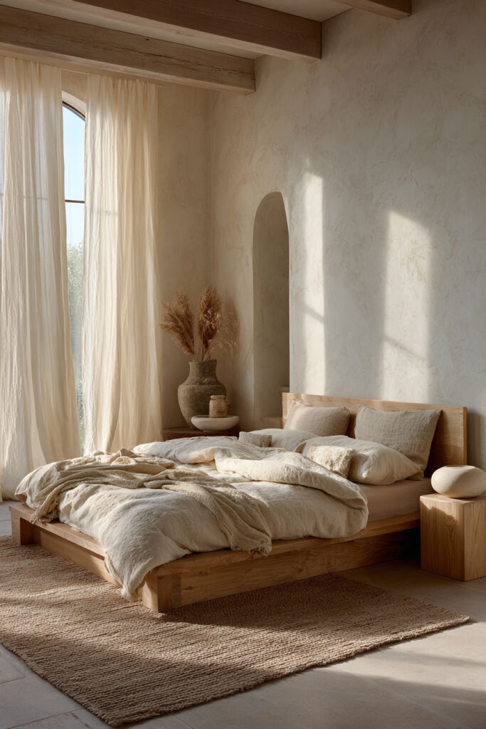 Japandi bedroom with low wood platform bed, neutral linen bedding, sheer curtains, plaster wall, and soft natural sunlight