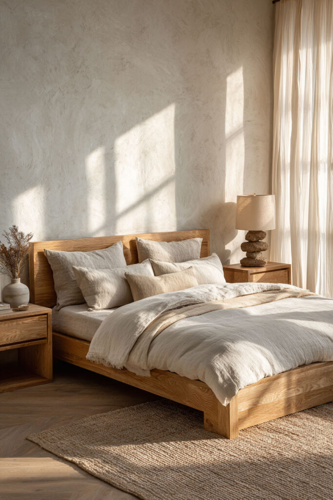 Japandi bedroom with light wood bed frame, neutral linen bedding, textured plaster wall, wooden nightstands, and soft natural sunlight