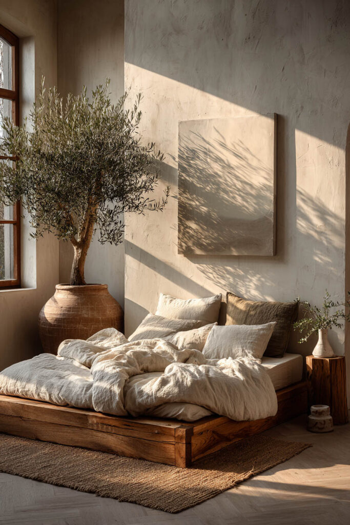 Japandi bedroom with neutral color palette, linen bedding, low wood bed, olive tree, and soft natural sunlight on textured walls