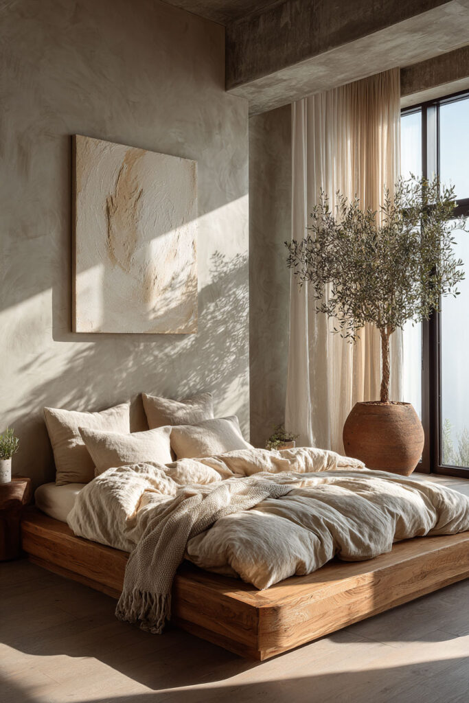 Japandi bedroom with neutral linen bedding, low wood platform bed, textured wall art, olive tree, and soft natural sunlight