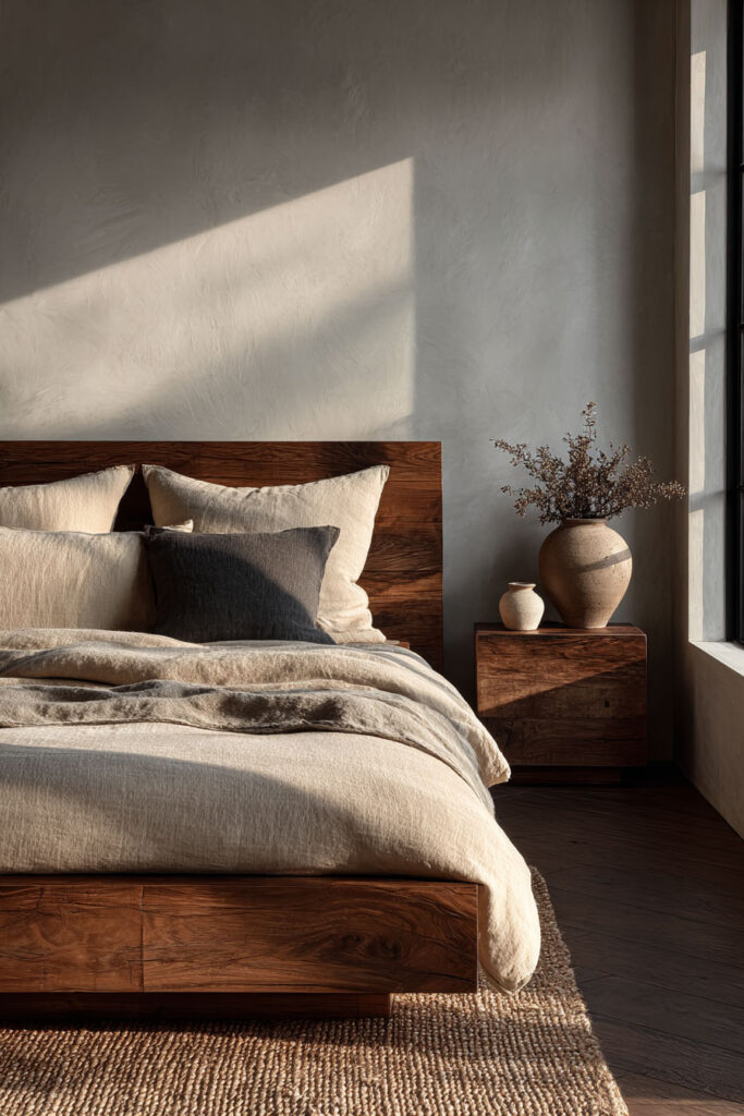 Japandi bedroom with wood platform bed, neutral linen bedding, textured wall, ceramic vase decor, and soft natural light