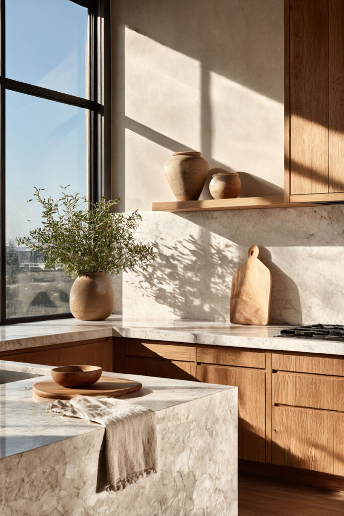 marble kitchen countertops with warm wood cabinets and natural light in organic modern kitchen