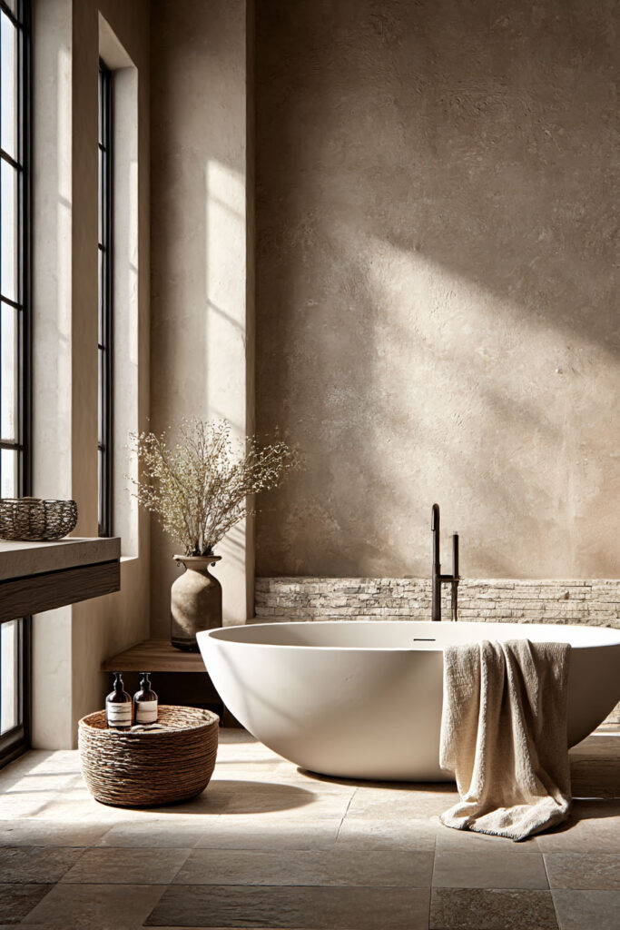 Organic modern bathroom with freestanding soaking tub, textured plaster walls, stone flooring, and warm natural light.