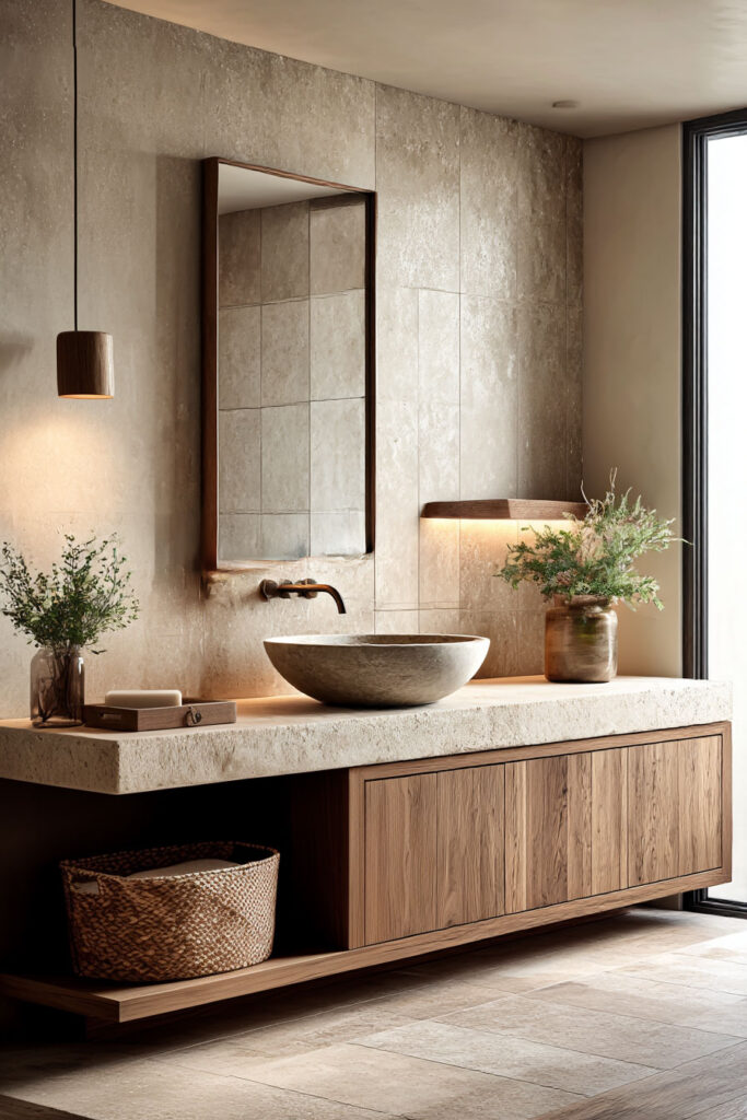 Organic modern bathroom with a stone vessel sink, wood vanity, clay tile walls, and warm natural lighting.