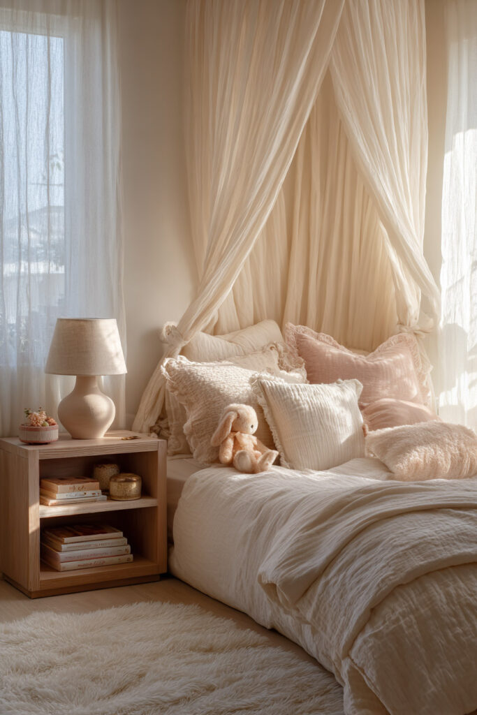 soft neutral little girls bedroom with canopy bed, blush pillows, linen bedding, wooden nightstand, and plush bunny