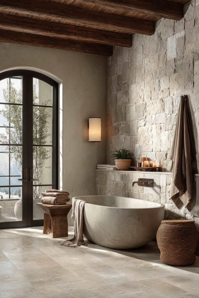 Spa-like organic modern bathroom with stone soaking tub, textured stone wall, wood beam ceiling, and earthy natural materials.