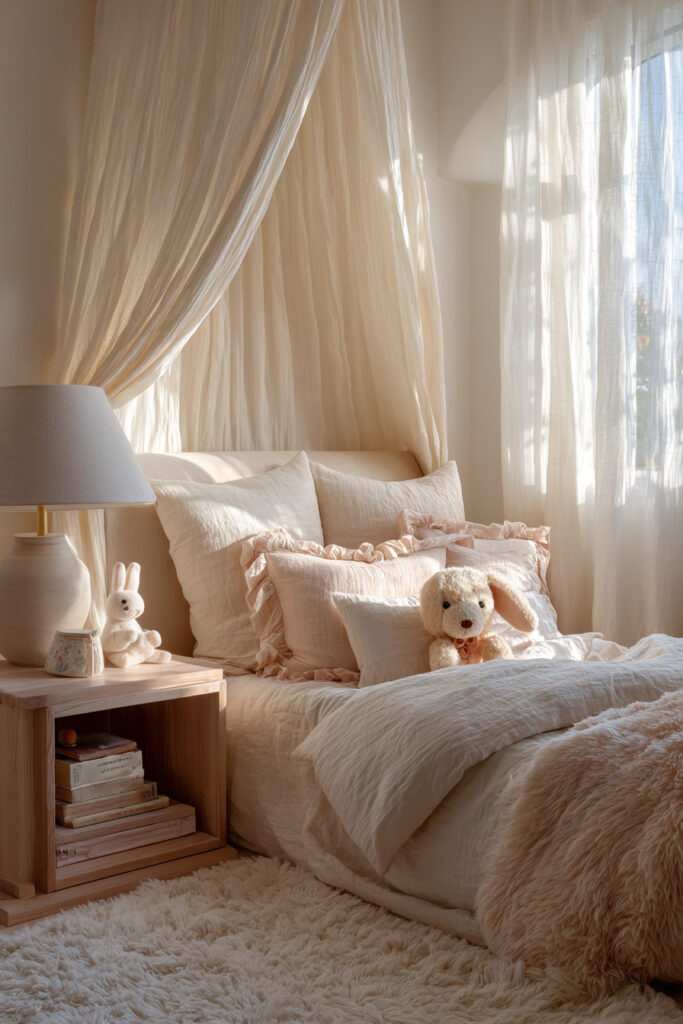 cozy neutral little girls bedroom with canopy bed, ruffled pillows, plush bunny decor, wooden nightstand, and soft natural light