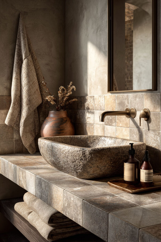 Earthy bathroom with carved stone vessel sink, clay tile countertop, brass wall faucet, and natural materials creating a warm spa-like space.