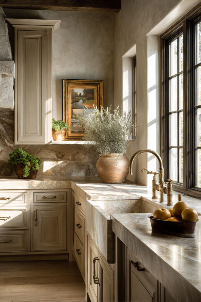 earthy neutral kitchen with beige cabinets, natural stone countertops, and warm classic design with organic textures