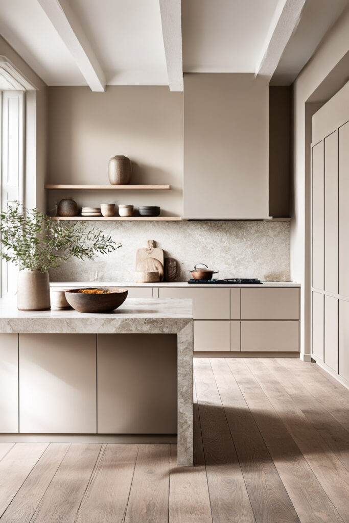 earthy neutral kitchen with beige cabinets, natural stone island and backsplash, organic modern kitchen with soft tones and open shelving