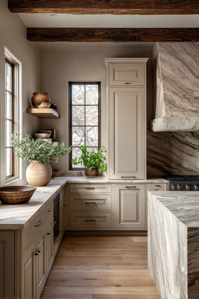 Neutral-toned kitchen with marble countertops and island, soft cabinetry, wooden flooring, and potted greenery on the counter and shelves