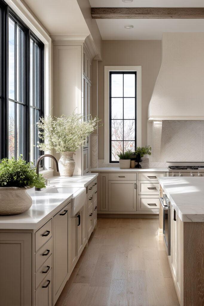 earthy neutral kitchen with soft white cabinets warm wood floors and natural light in timeless kitchen design