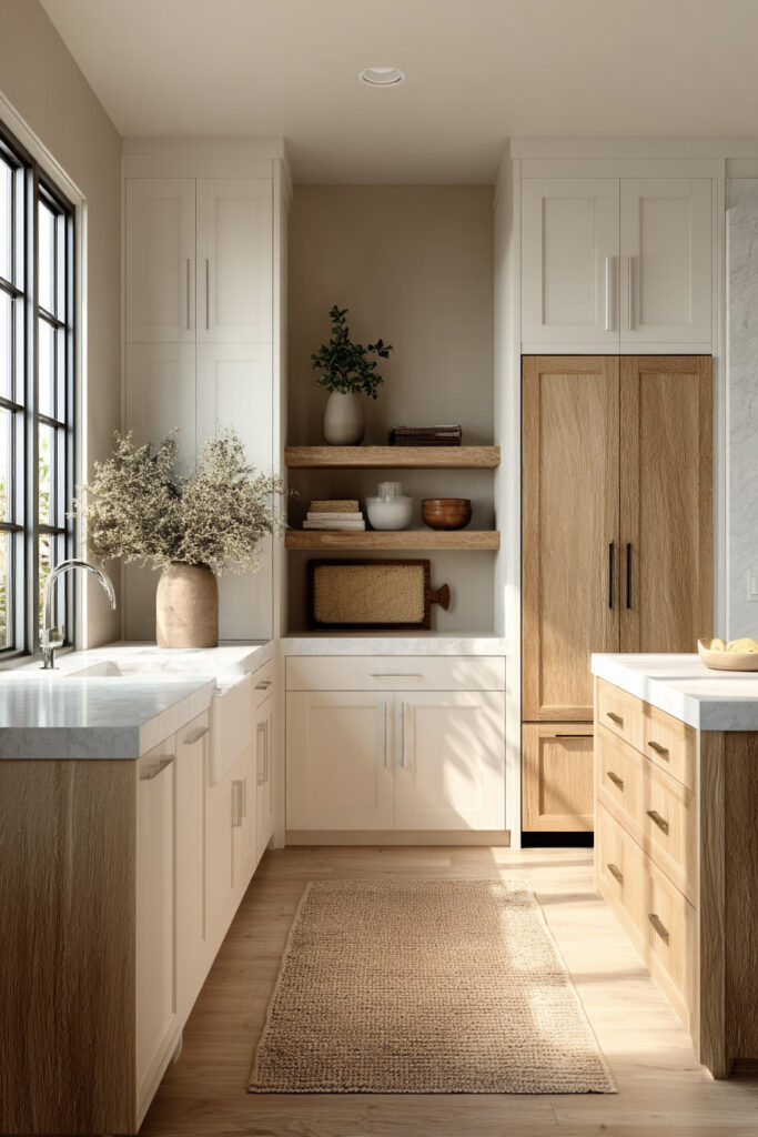 earthy neutral kitchen with white cabinets and warm wood accents modern kitchen with natural light and soft neutral tones