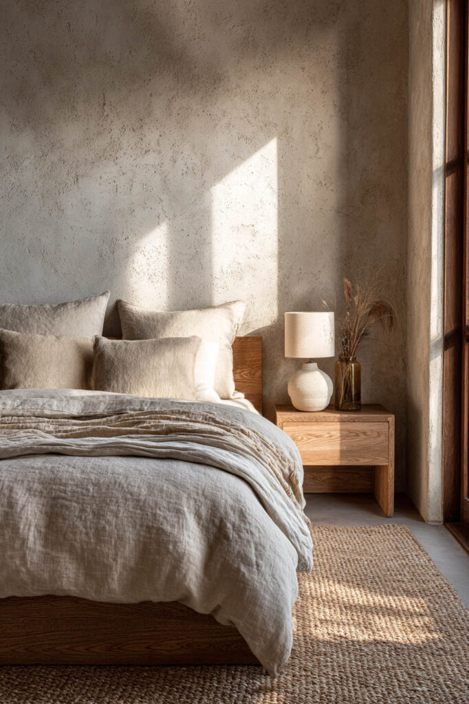 Japandi bedroom with soft neutral color palette, linen bedding, light wood nightstand, ceramic lamp, and natural sunlight on textured walls