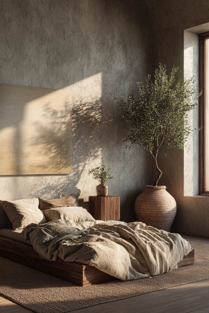 Japandi bedroom with warm earthy color palette, neutral linen bedding, low wood bed, olive tree in ceramic pot, and textured plaster wall
