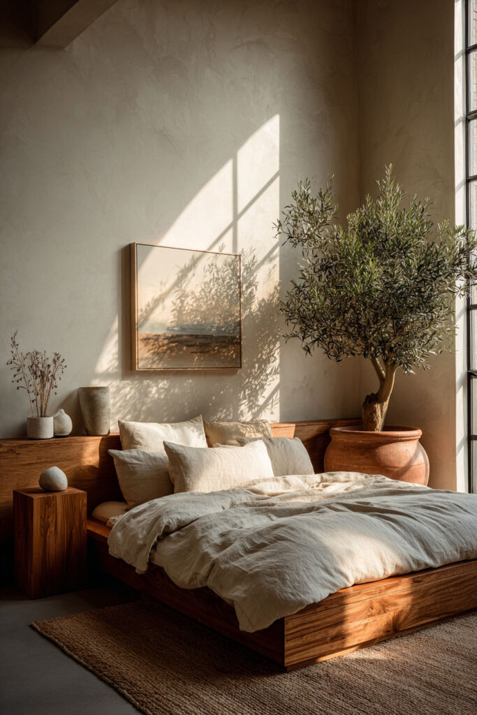 Japandi bedroom with warm neutral color palette, wood platform bed, linen bedding, olive tree, and soft natural sunlight