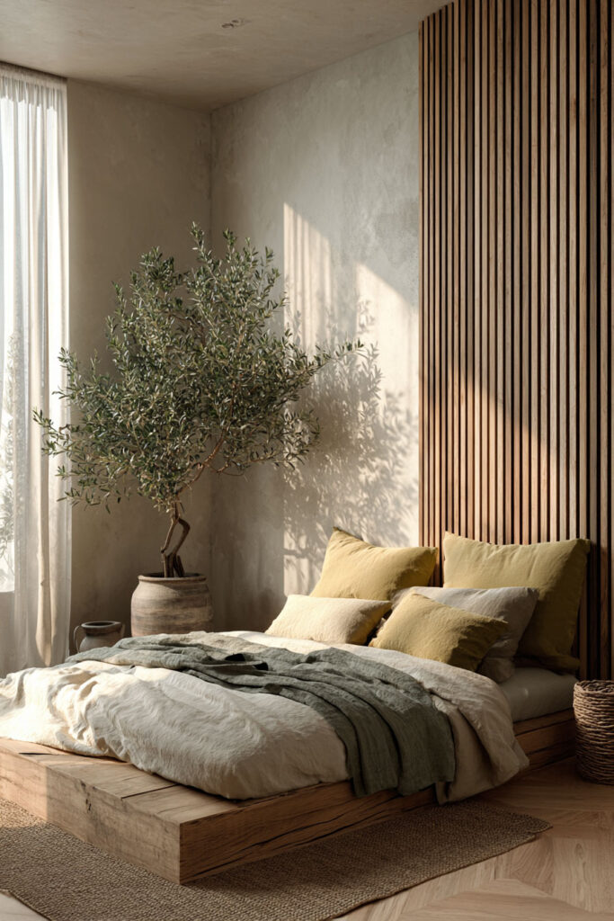 Japandi bedroom with warm neutral color palette, olive green accents, wood slat wall, linen bedding, and olive tree decor