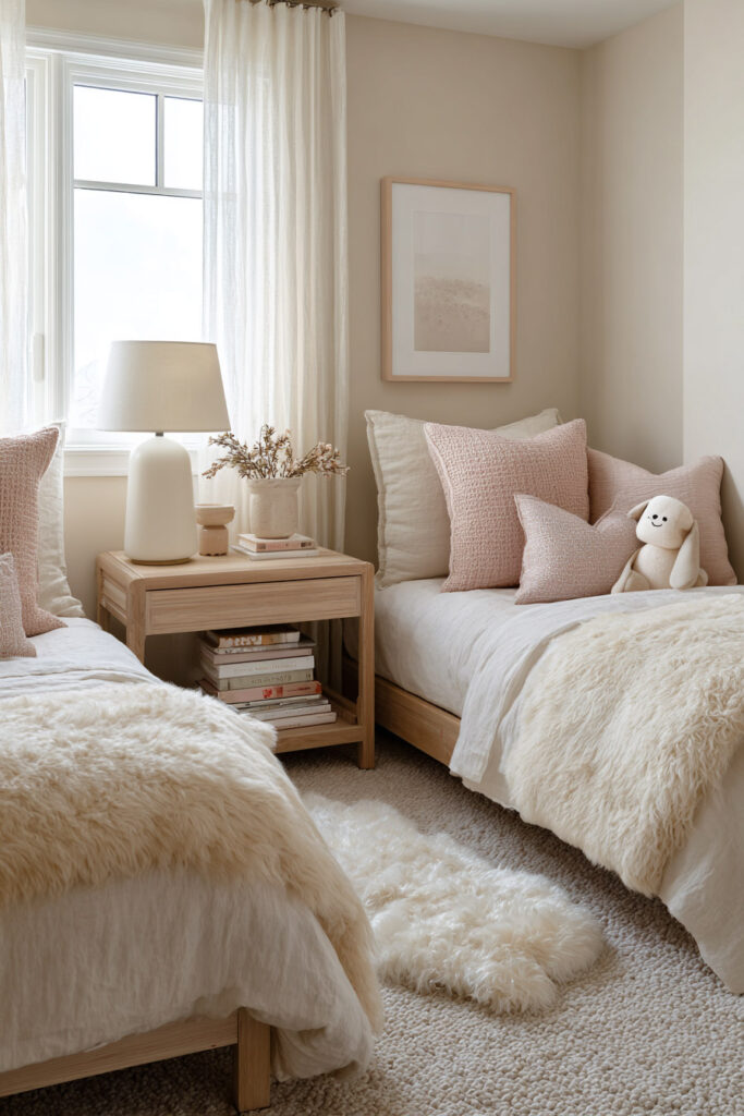 Neutral little girls shared bedroom with two twin beds, blush pillows, cozy bedding, and wooden nightstand between beds.