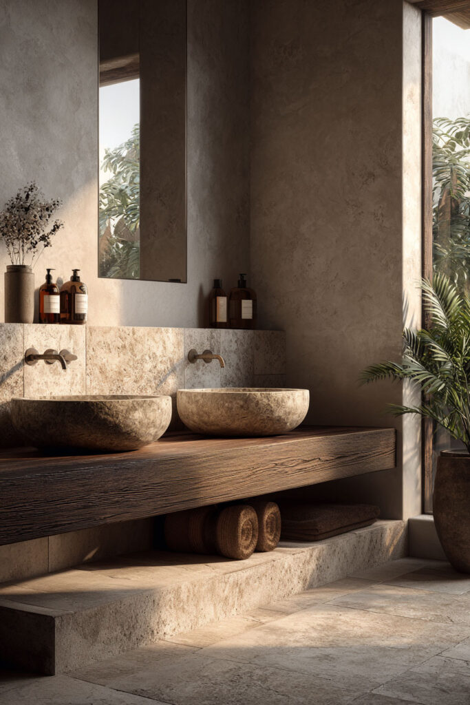 Organic modern bathroom with double stone vessel sinks, floating wood vanity, plaster walls, and warm natural light.