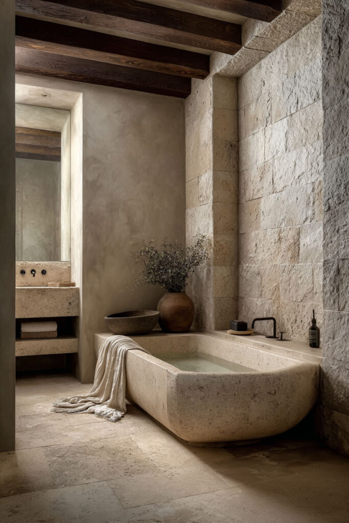 Organic modern bathroom with a sculptural stone bathtub, textured stone walls, plaster surfaces, and warm wood ceiling beams.