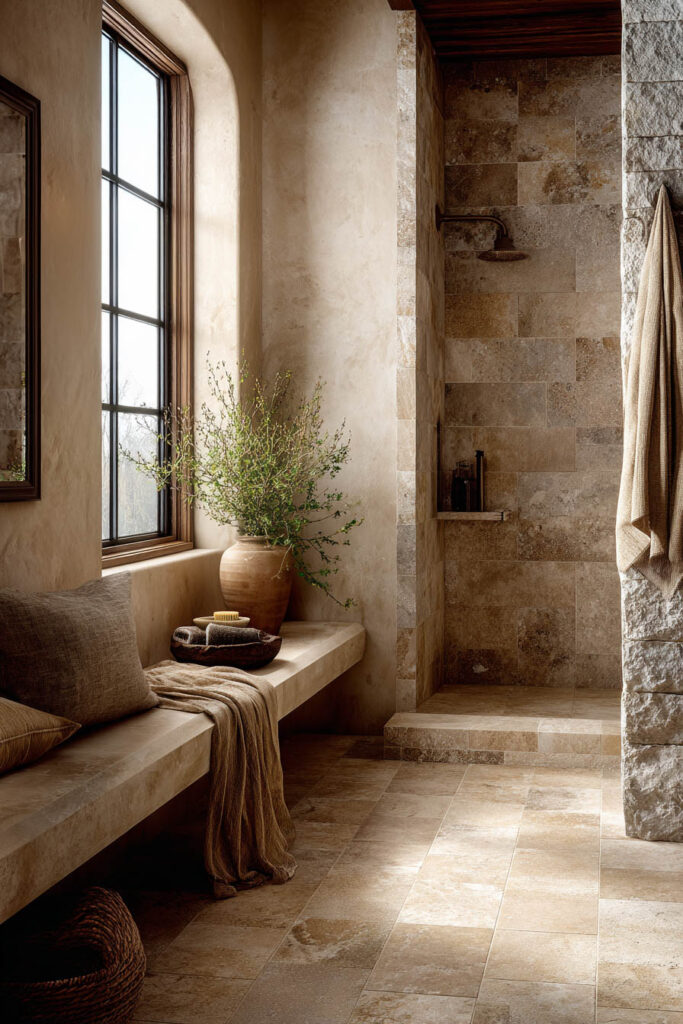 Spa-like bathroom with natural stone tile shower, plaster walls, built-in bench, and earthy organic modern decor.