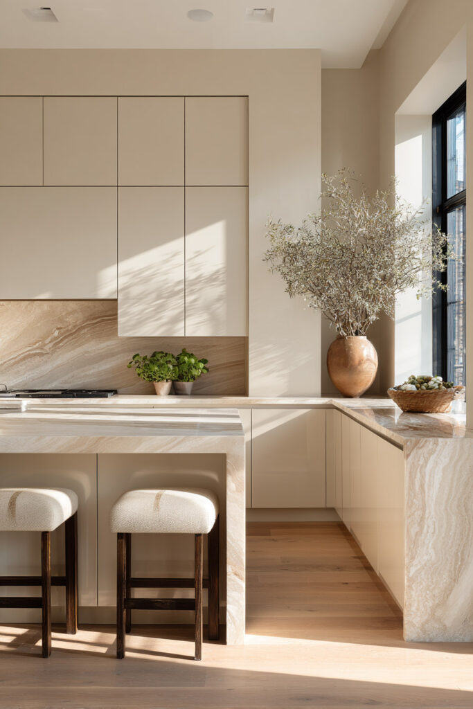 Modern kitchen with earthy neutral cabinets, marble countertops, and sunlight highlighting natural textures