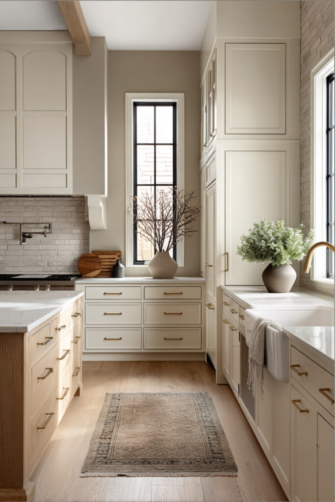 earthy neutral kitchen with cream cabinets, light wood accents and white countertops, warm modern kitchen design with soft tones