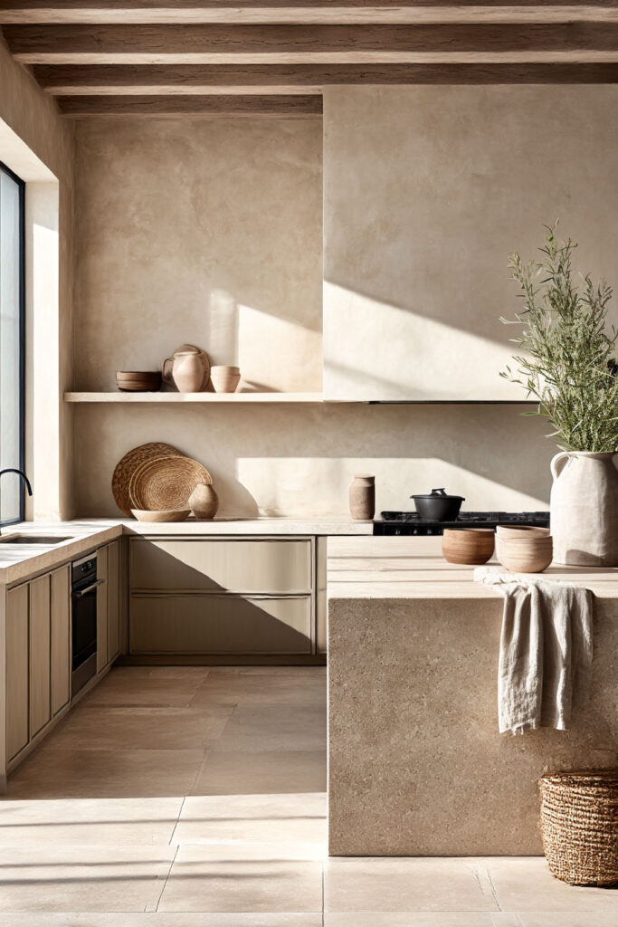 earthy neutral kitchen with plaster walls stone island and warm beige cabinets organic modern kitchen with natural textures and light