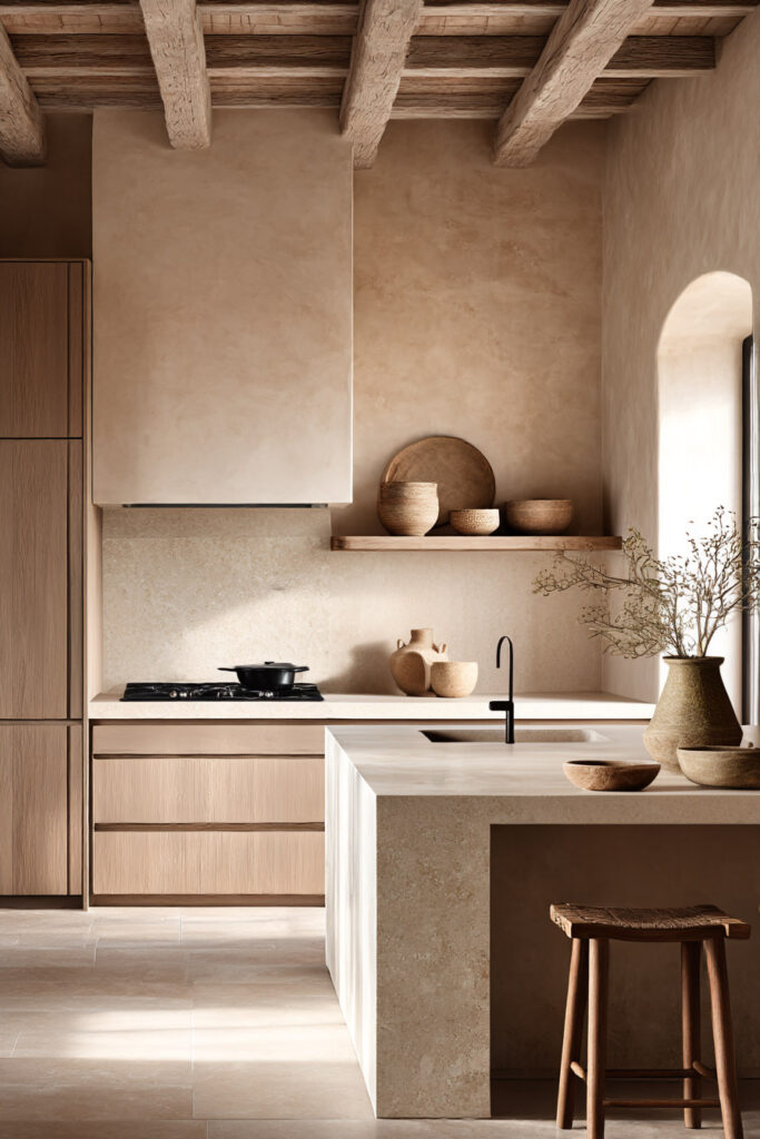 earthy neutral kitchen with plaster walls warm wood cabinets and minimalist island in organic modern design