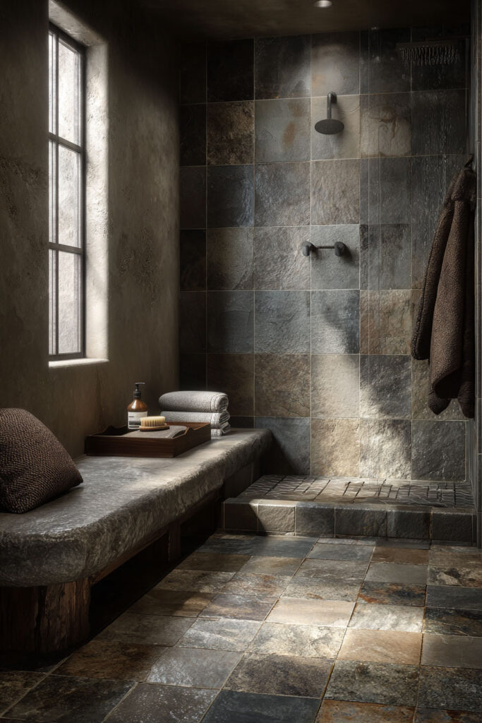 Organic modern bathroom with natural stone tile shower, plaster walls, built-in bench, and earthy spa-like natural materials.