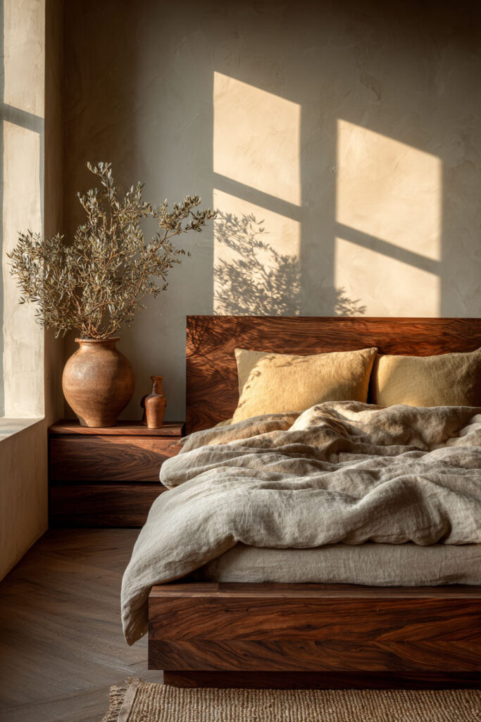 Japandi bedroom with dark wood platform bed, neutral linen bedding, earthy tones, ceramic decor, and warm natural sunlight