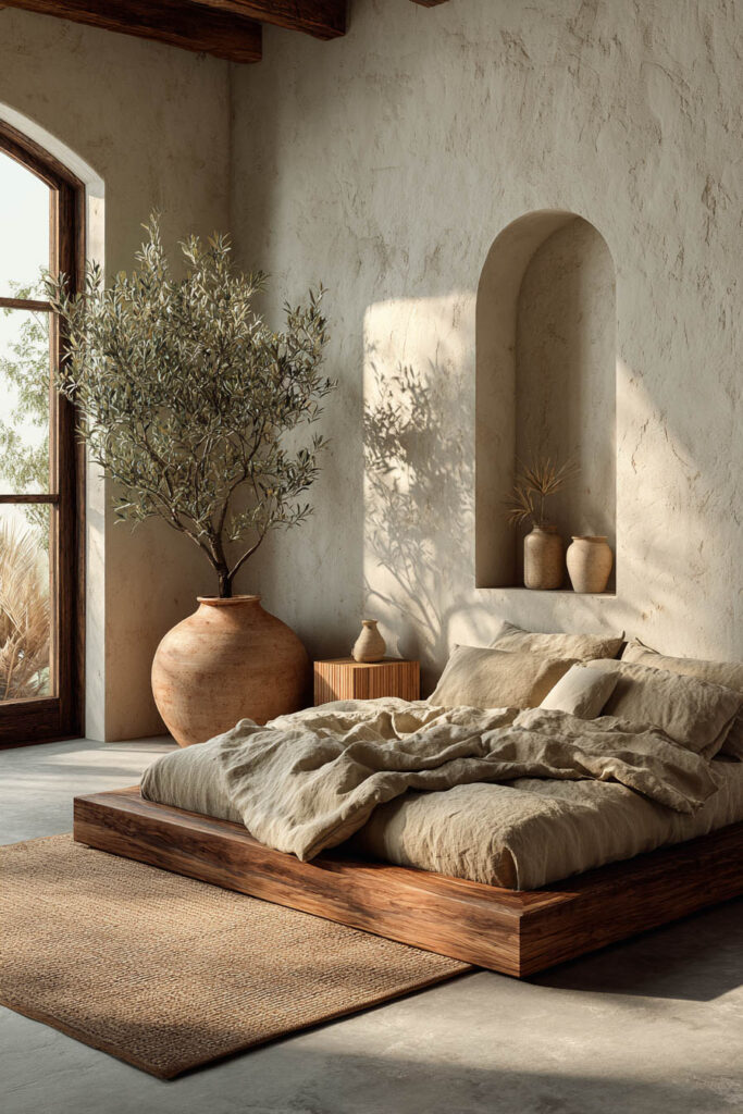Japandi bedroom with earthy neutral tones, low wood platform bed, arched wall niche, linen bedding, and olive tree decor