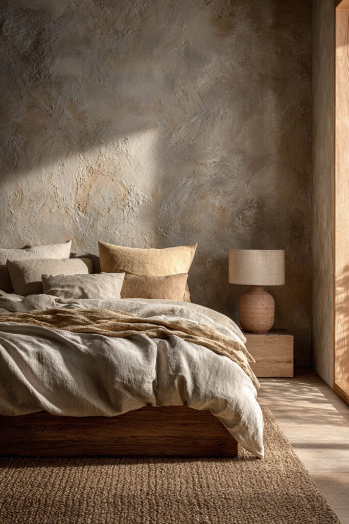 Japandi bedroom with low wood platform bed, neutral linen bedding, textured plaster wall, ceramic lamp, and warm natural light