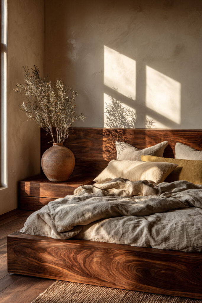 Japandi bedroom with solid wood platform bed, warm neutral linen bedding, textured wall, and ceramic vase decor