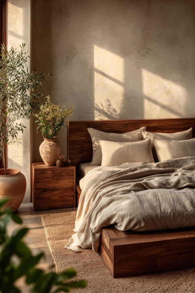 Japandi bedroom with solid wood platform bed, neutral linen bedding, olive tree, and warm natural light creating a calm cozy space