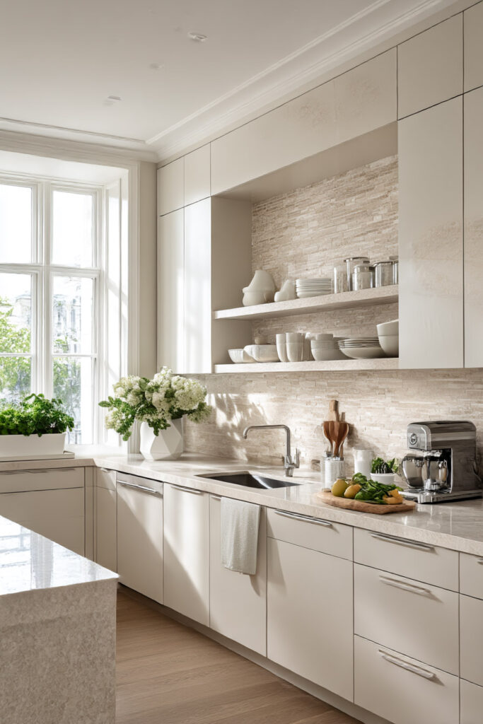 neutral kitchen with cream cabinets, stone backsplash, and open shelving, warm minimalist kitchen design with natural light