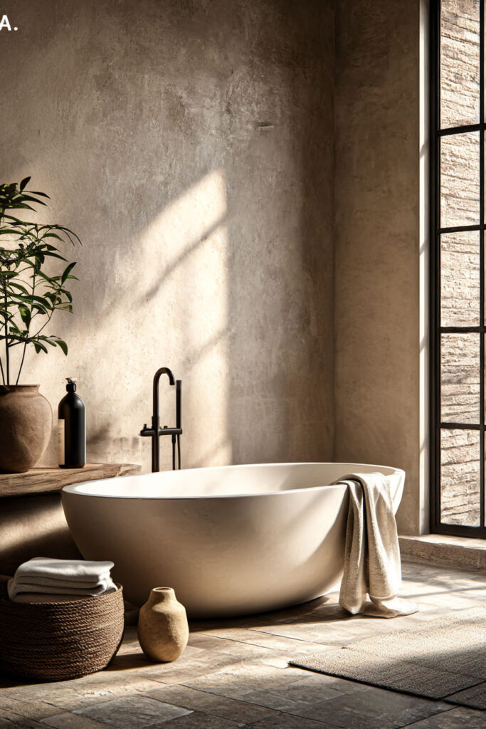 Organic modern bathroom with freestanding soaking tub, plaster walls, natural stone floor, and warm earthy spa-like decor.