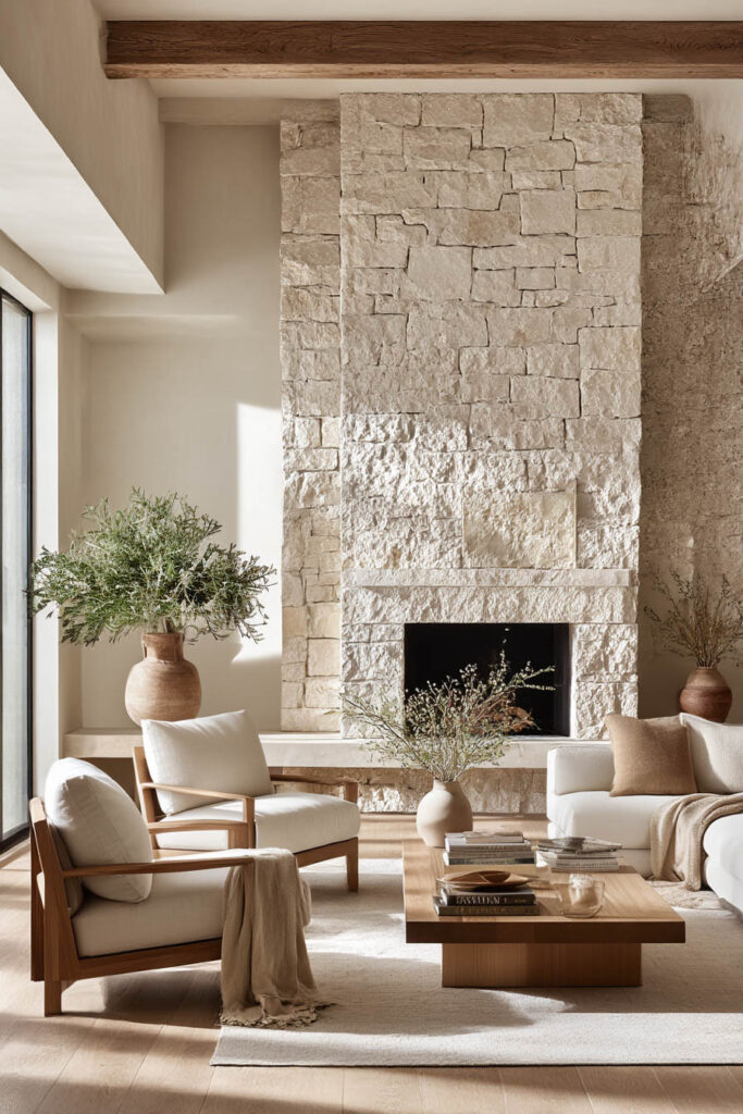 Organic modern living room with large stone fireplace, warm wood furniture, neutral seating, and layered natural textures.