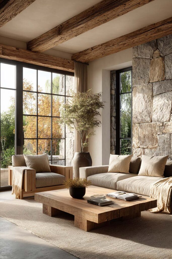 Organic modern living room with a stone accent wall, wood ceiling beams, natural wood coffee table, and neutral linen seating.